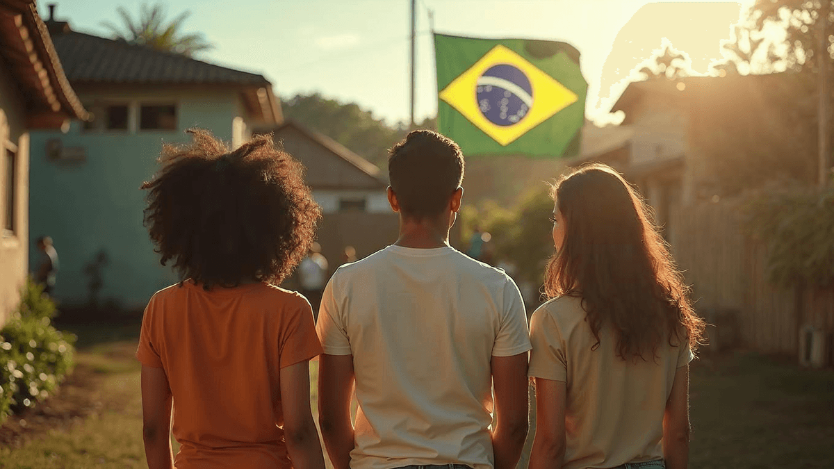 Família brasileira diversa de costas em quintal com bandeira do Brasil ao fundo · vigilância preventiva contra a dengue