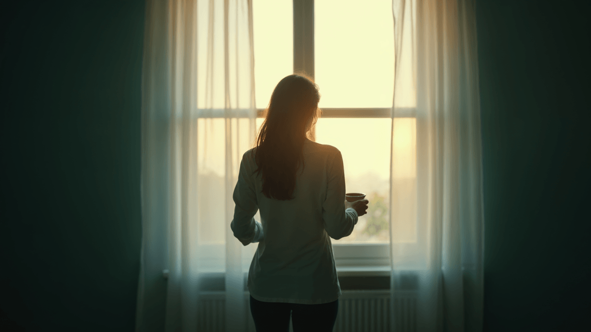 Pessoa vista de costas em pausa diante da janela, segurando uma xícara na contraluz dourada e suave, em quarto de tons azul-petróleo e creme