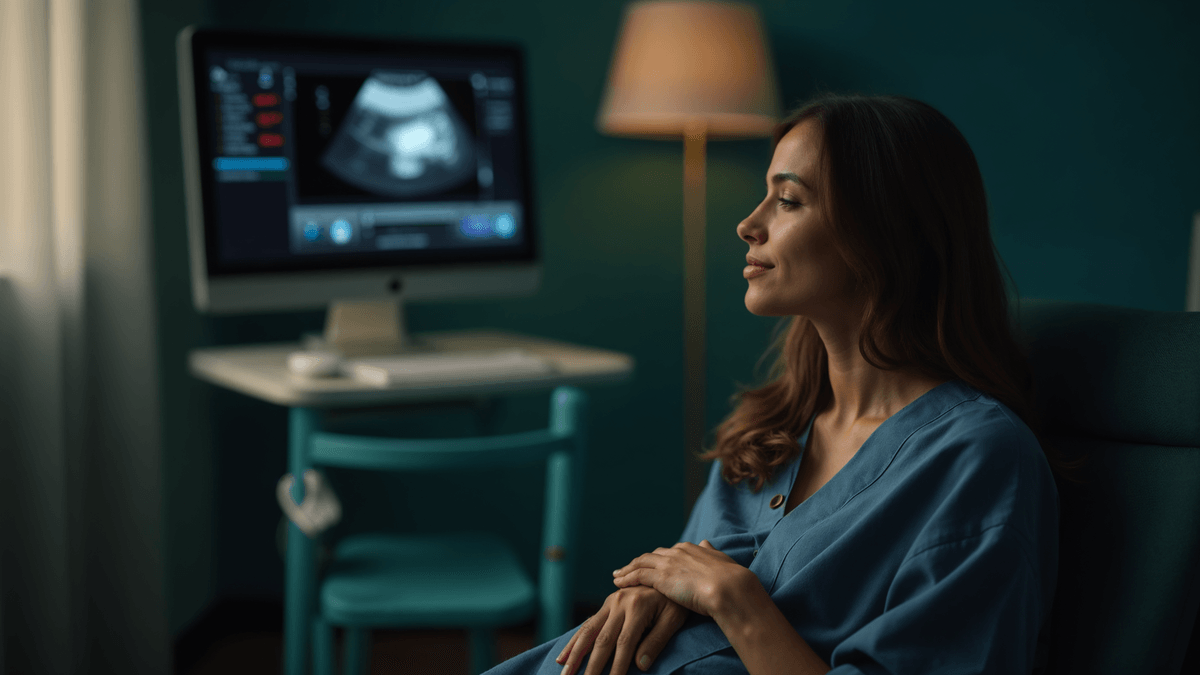 Mulher jovem de perfil, serena, sentada em consultório de tons azul-petróleo com luminária acesa e monitor de ultrassom desfocado ao fundo