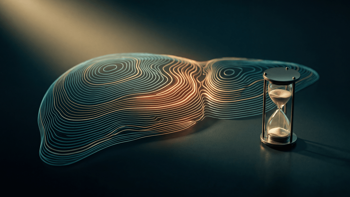Fígado como mapa topográfico em petróleo e ouro, com uma ampulheta ao lado e uma faixa de leitura em âmbar que o exame ilumina, sem pessoa