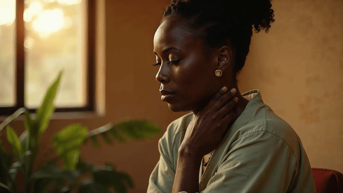 Mãos mulher negra Recôncavo segurando painel tireoide TSH Anti-TPO + ultrassom · still-life editorial C+Med Hashimoto