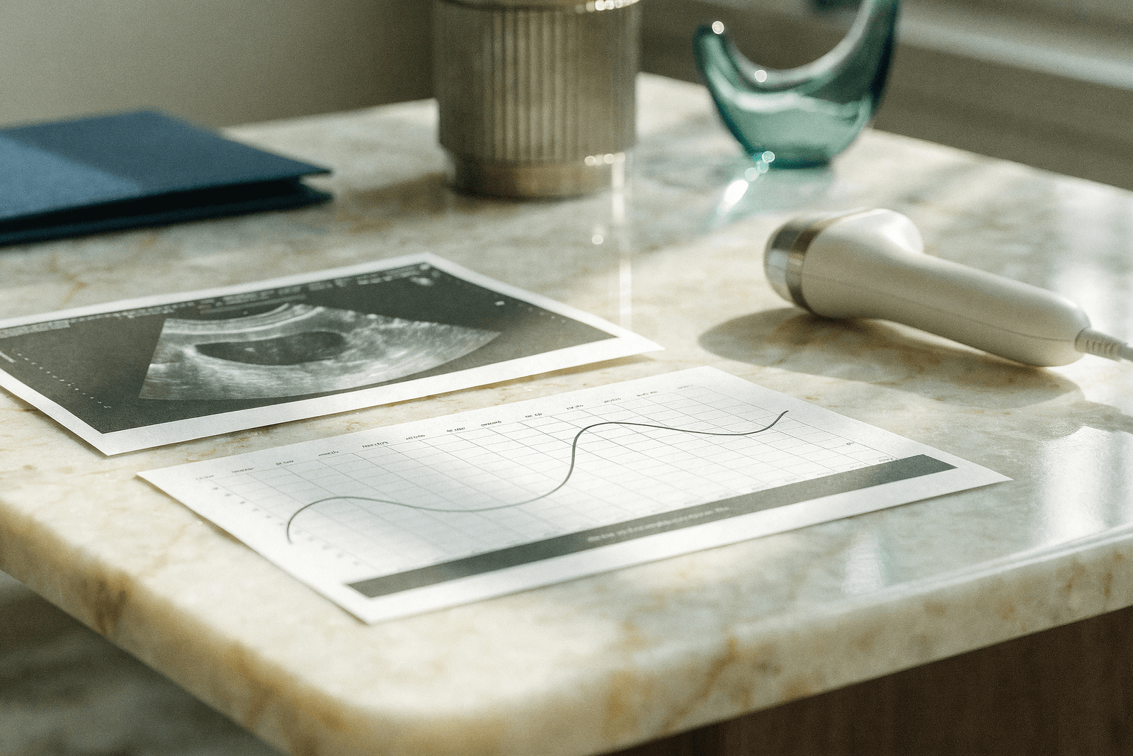 Ultrassom pélvico e uma curva de urofluxometria ao lado de um transdutor de ultrassom · hiperplasia prostática benigna