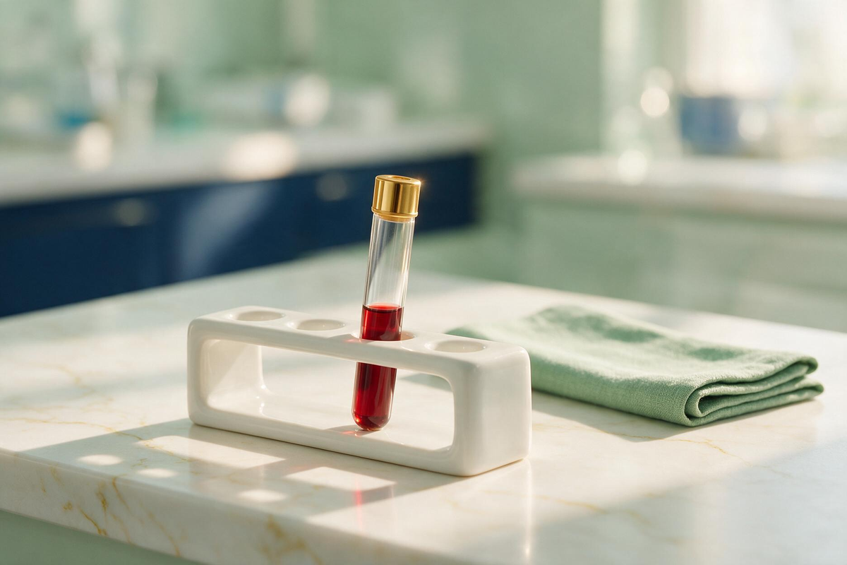 Tubo de coleta de sangue com tampa dourada em suporte de cerâmica branca, sobre bancada clara de laboratório com pano verde-sálvia