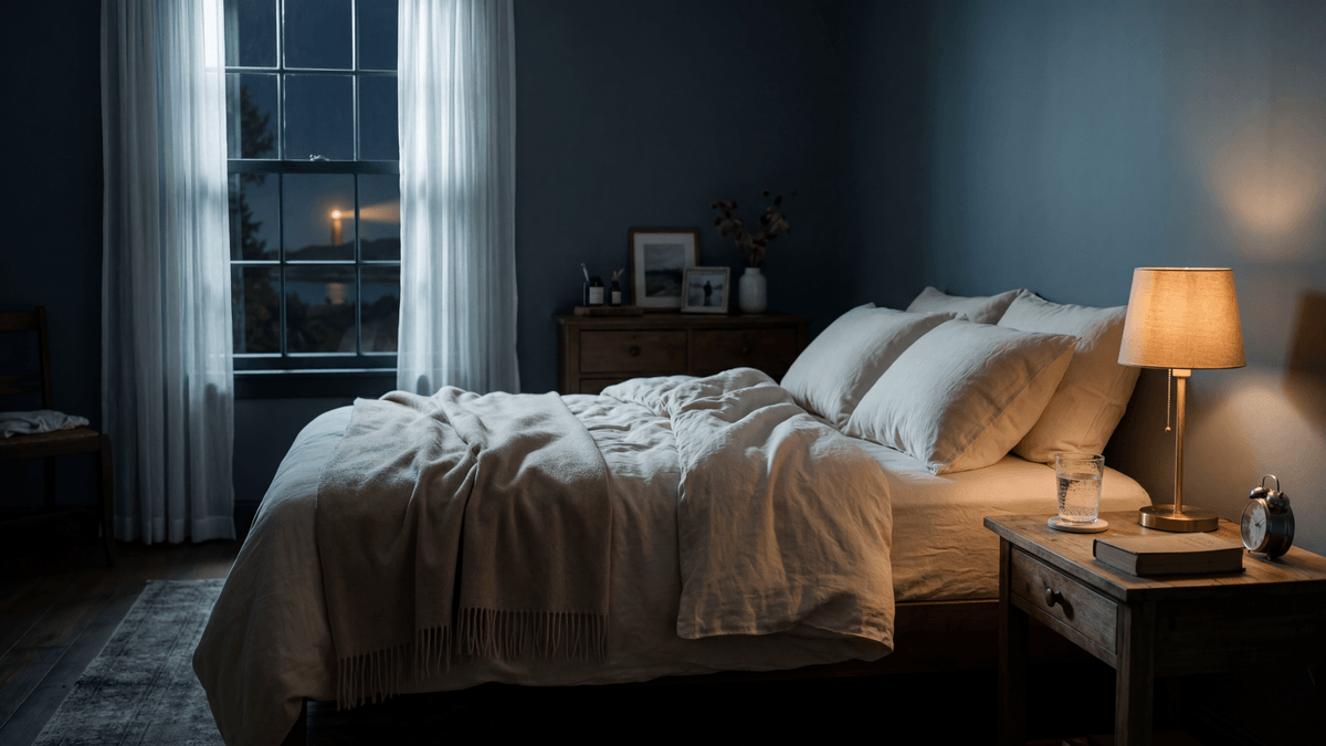 A cabeceira vista de quem está deitada na madrugada: copo d'água e abajur dourado ao alcance da mão, cama creme, luar na janela, sem pessoa