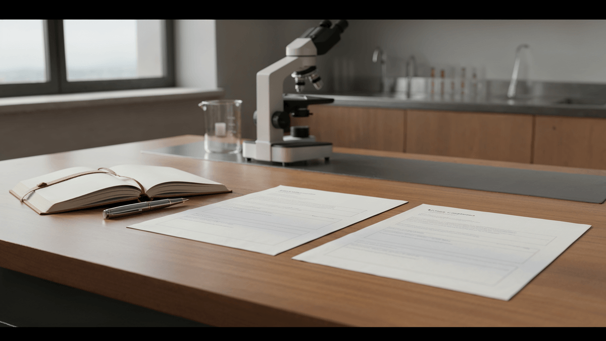 Relatório painel C+Lab biomarcadores avançados · tubo sangue caneta notebook · still-life editorial C+Med Saúde Premium