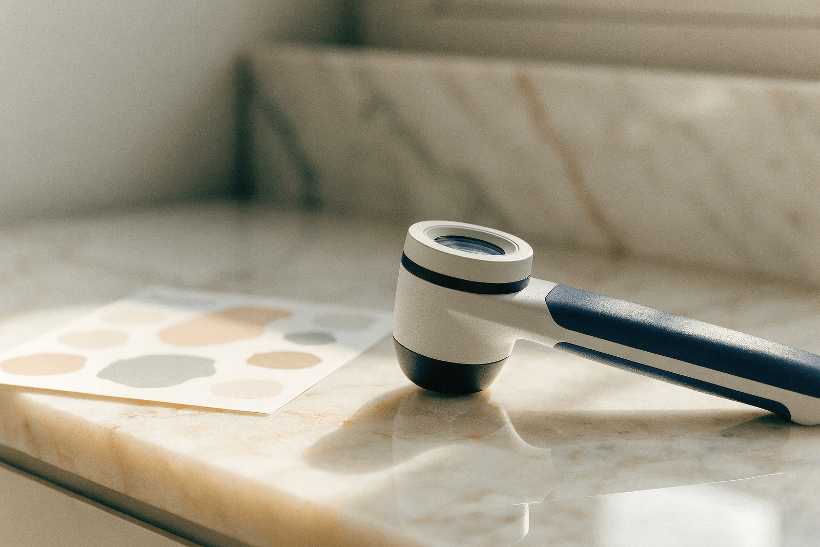 Dermatoscópio ao lado de um cartão de referência com manchas de tamanhos e tons diferentes · avaliação de pinta que mudou de forma, cor ou tamanho