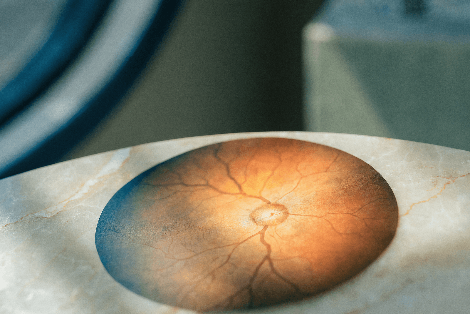 Retinografia de fundo de olho mostrando o disco óptico e os vasos da retina · o nervo óptico que o glaucoma afeta em silêncio
