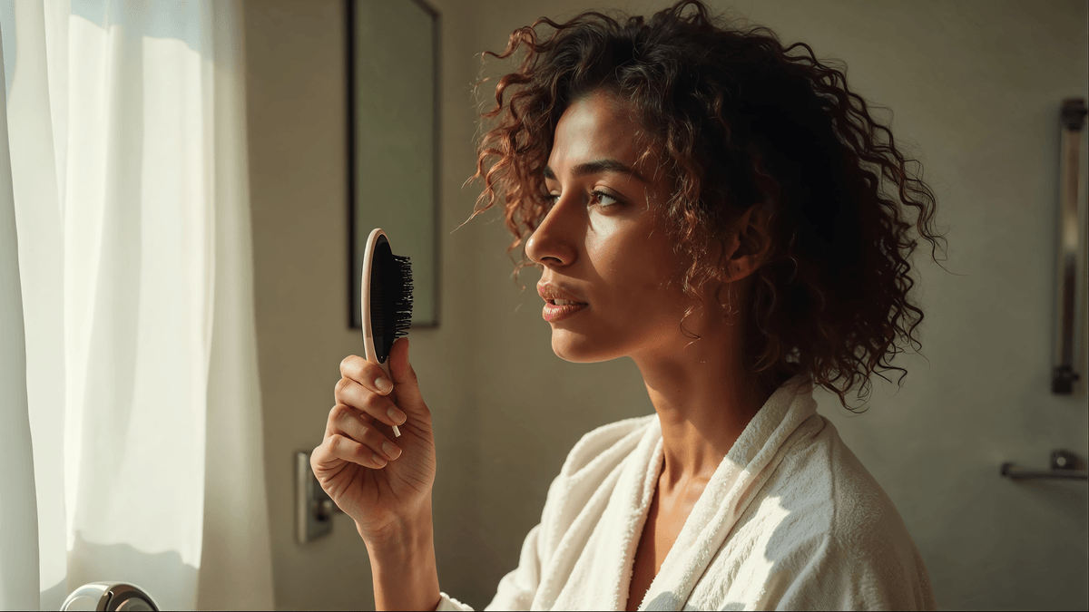 Mulher 44 anos banheiro contemplativa com escova · queda capilar feminina · editorial C+Med Saúde da Mulher