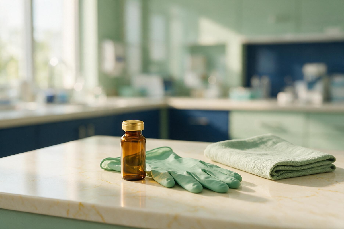 Frasco-ampola âmbar com tampa dourada ao lado de luvas de nitrilo verde-sálvia, sobre bancada clara de laboratório
