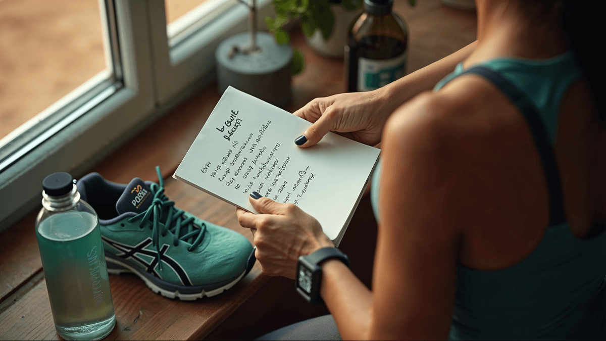 Mãos atleta diário cycle tracking + tênis corrida bench · documentário editorial C+Med RED-S amenorreia hipotalâmica