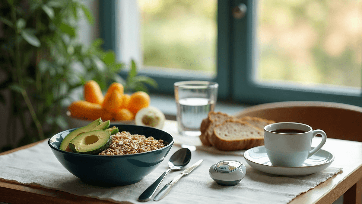 Mesa de café da manhã à luz natural: tigela azul-marinho com aveia e abacate, frutas, pão integral, café e copo de água sobre linho creme