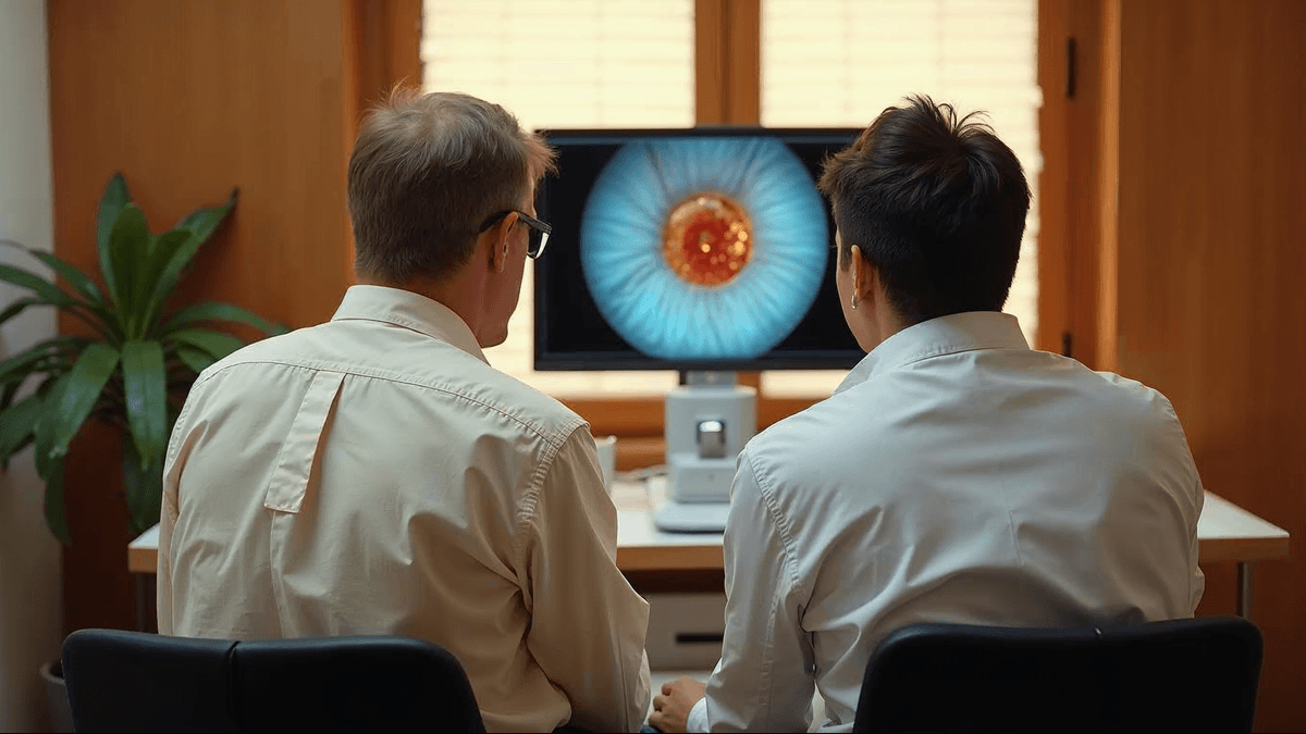 Mãos mulher 55 anos checando glicemia ao lado fotografia fundo de olho · retinopatia diabética rastreio · editorial C+Med
