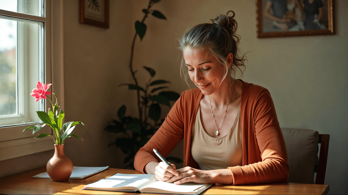 Mulher 41 anos lendo livro saúde hormonal · momento contemplativo letramento corporal · hub editorial Premium C+Med saúde da mulher 40+