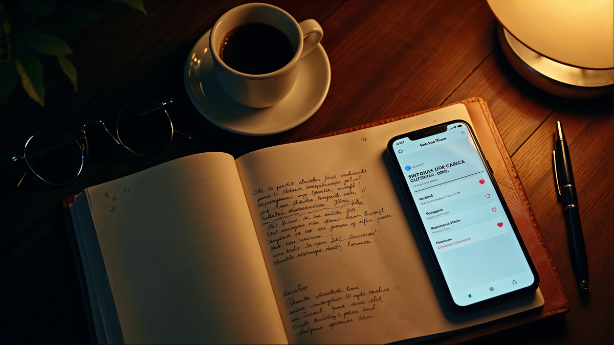 Smartphone busca saúde online + notebook + caneta · still-life editorial C+Med letramento digital brasileiro
