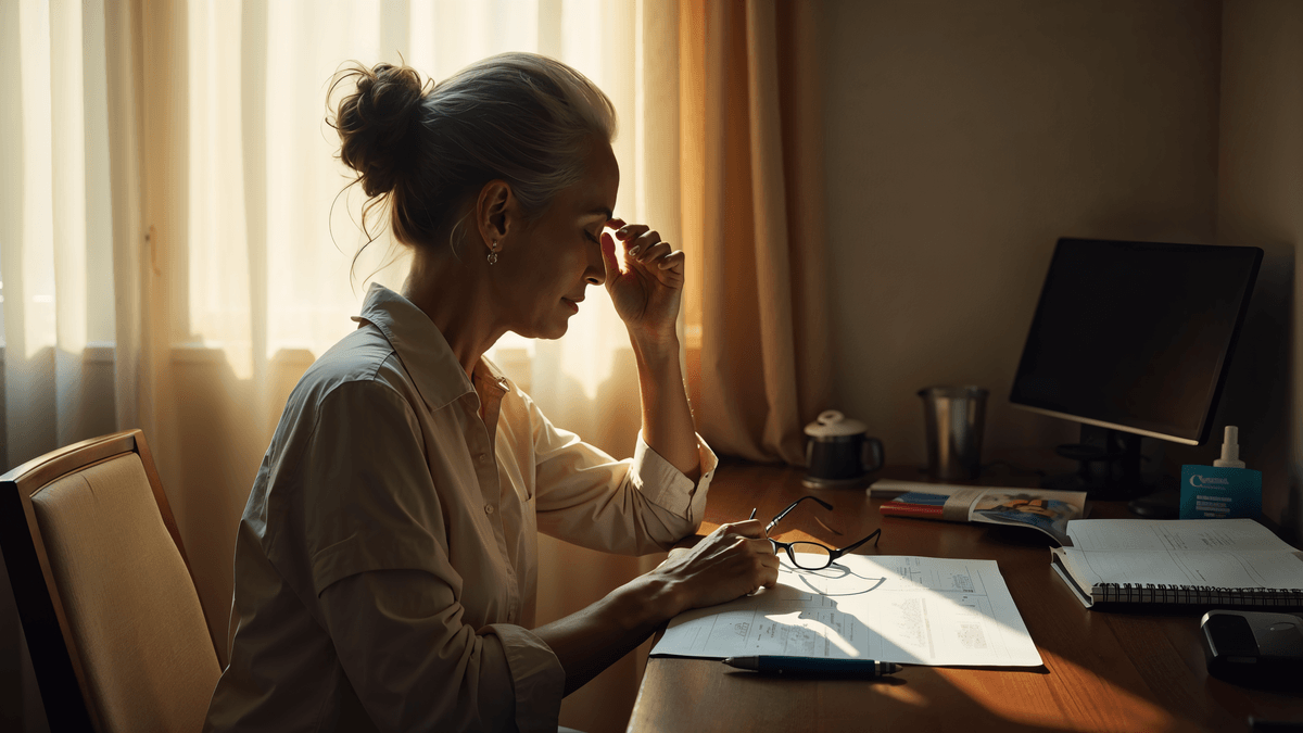 Mulher 45 anos escritório esfregando olho · síndrome olho seco · sintomas sistêmicos · editorial C+Med Vision 360°