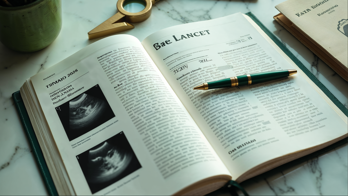 Revista The Lancet maio 2026 + ultrassom ovariano + painel hormonal · still-life editorial C+Med SOMP renomeação