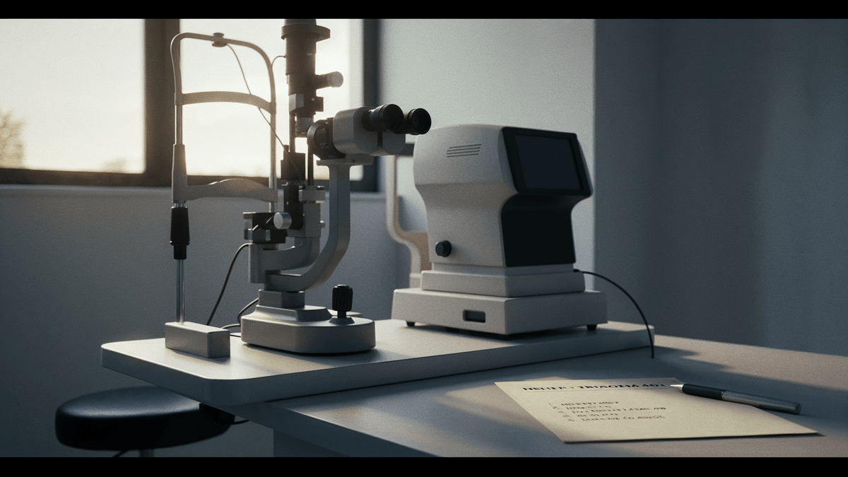 Slit lamp Haag-Streit + autorrefrator Topcon + checklist NEHEP · still-life editorial · triagem oftalmológica preventiva 40+ · C+Med