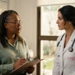 Mulher de 44 anos em consulta hormonal com a Dra. Rhafaelly Neves Bissiguini na C+Med Itaberaba · Diretrizes 2026 Janela Hormonal