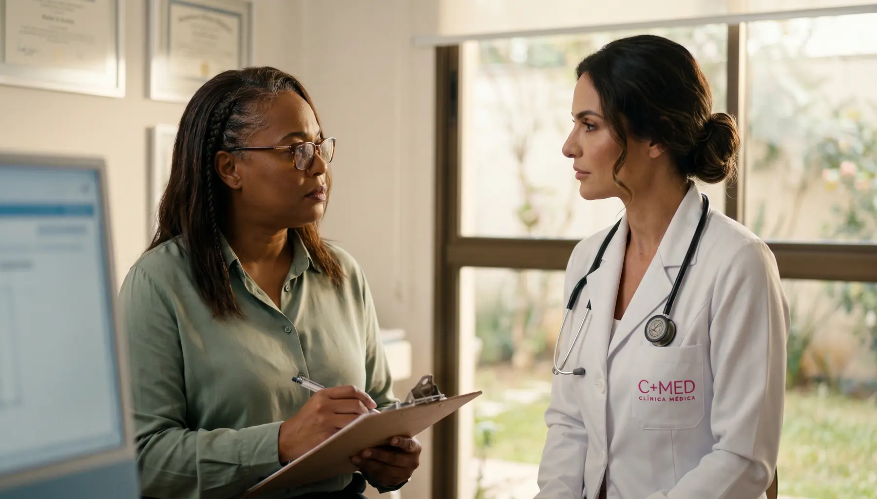 Mulher de 44 anos em consulta hormonal com a Dra. Rhafaelly Neves Bissiguini na C+Med Itaberaba · Diretrizes 2026 Janela Hormonal