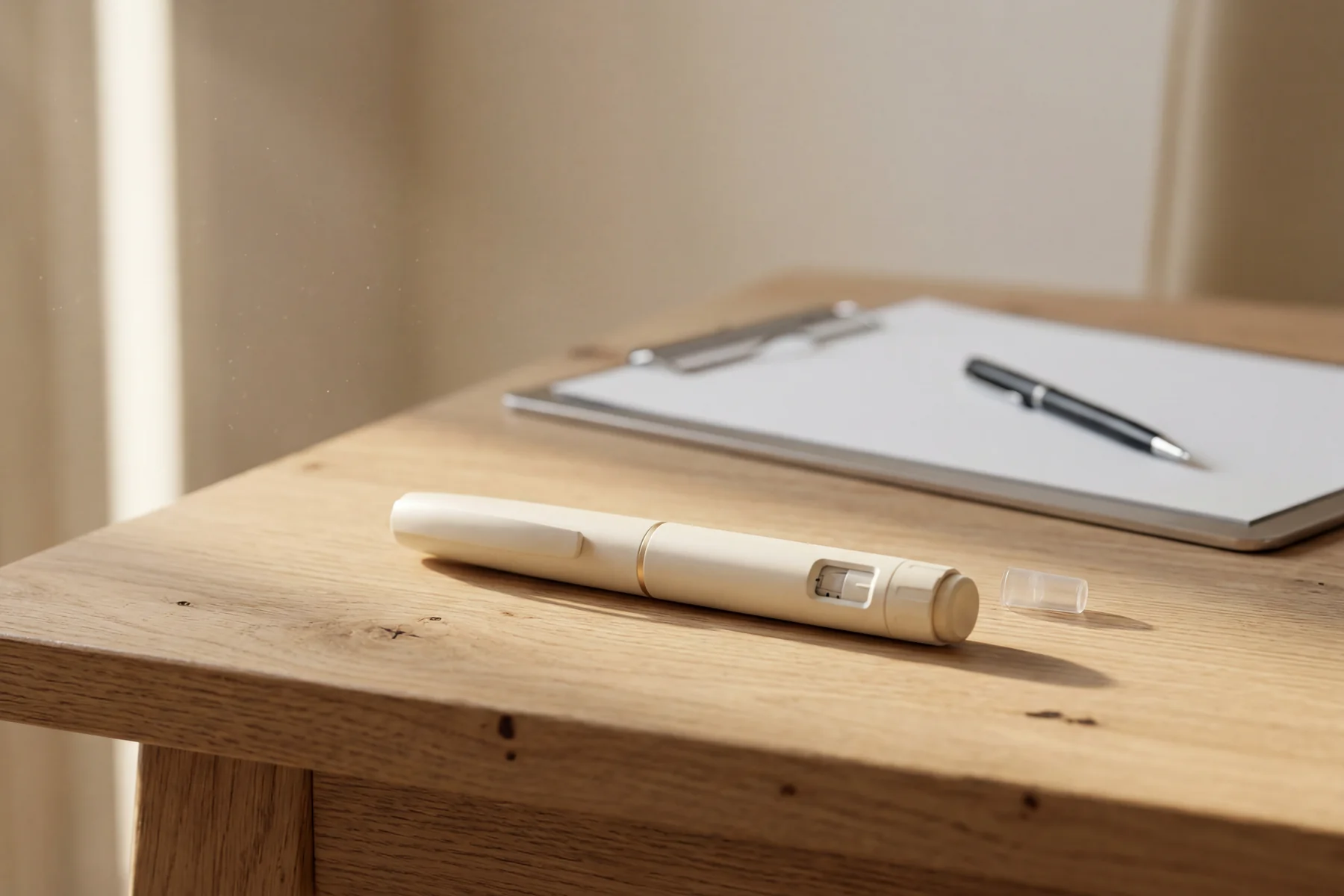 Caneta injetora de GLP-1 genérica em mesa clínica C+Med — cenário editorial sobre queda da patente da semaglutida no Brasil.