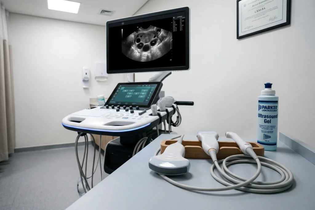 Estação de ultrassonografia moderna em consultório C+Med com três transdutores (convexo, linear, endocavitário), monitor exibindo imagem B-mode de ovário com folículos antrais, gel Parker Laboratories e diploma CRM-BA