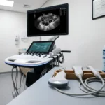 Estação de ultrassonografia moderna em consultório C+Med com três transdutores (convexo, linear, endocavitário), monitor exibindo imagem B-mode de ovário com folículos antrais, gel Parker Laboratories e diploma CRM-BA