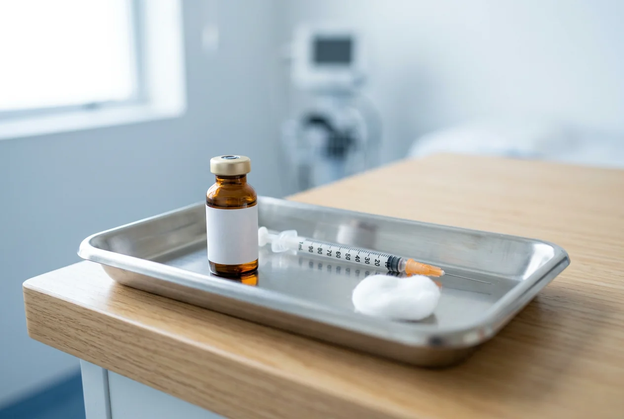 Frasco de vacina influenza e seringa sobre bandeja inox em consultório médico, luz natural suave