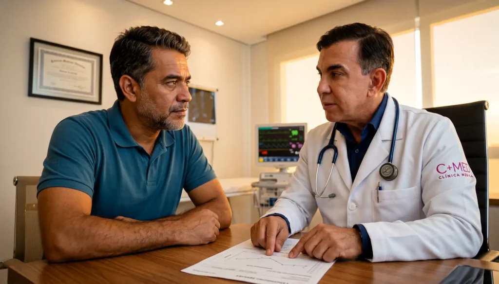 Homem de 47 anos em consulta com Dr. José Marcos na C+Med Itaberaba recebendo diagnóstico de DAEM · Bahia · 2026