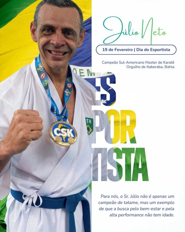 Hoje, celebramos o Dia do Esportista exaltando a força, a dedicação e o espírito de vitória que o esporte traz para nossas vidas.Nesta data especial, a equipe da CEMED C+ escolheu um representante que personifica essa excelência: Sr. Júlio Neto.• Título: Campeão Sul-Americano Master de Karatê.
• Origem: Orgulho de Itaberaba, Bahia.
• O que ele representa: Para nós, o Sr. Júlio não é apenas um campeão de tatame, mas um exemplo de que a busca pelo bem-estar e pela alta performance não tem idade.Ao homenageá-lo, estendemos nosso reconhecimento a todos os esportistas itaberabenses e baianos que, assim como ele, levam o nome de nossa terra ao topo através do suor e da determinação.Parabéns, Sr. Júlio Neto! Parabéns a todos os esportistas!——-Agradecemos a @askadoi pela força!
Arigatou Gazaimashita! 🥋_
#diadoesportista
#itaberaba #karatemaster
#nolt #longevidade
